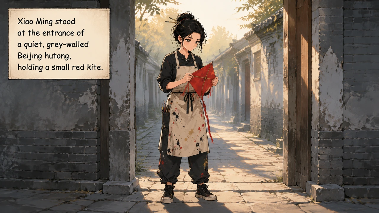 Xiao Ming stood at the entrance of a quiet, grey-walled Beijing hutong, holding a small red kite. The morning sun cast a warm glow over the ancient br