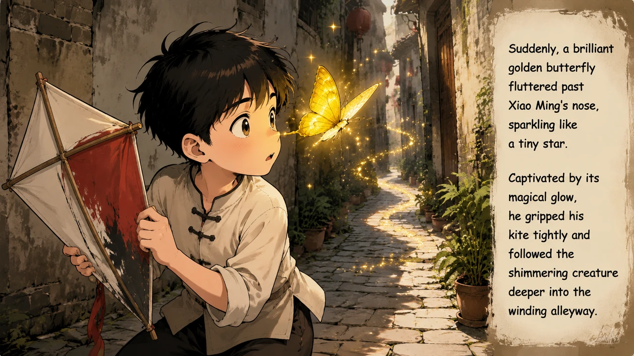 Suddenly, a brilliant golden butterfly fluttered past Xiao Ming's nose, sparkling like a tiny star. Captivated by its magical glow, he gripped his kit
