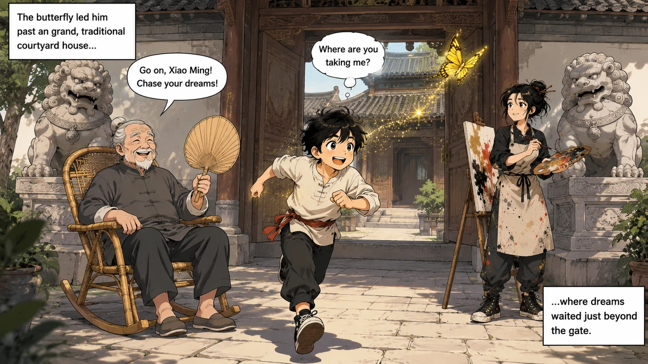 The butterfly led him past an grand, traditional courtyard house with a pair of proud stone lions guarding the entrance. An elderly grandfather sittin