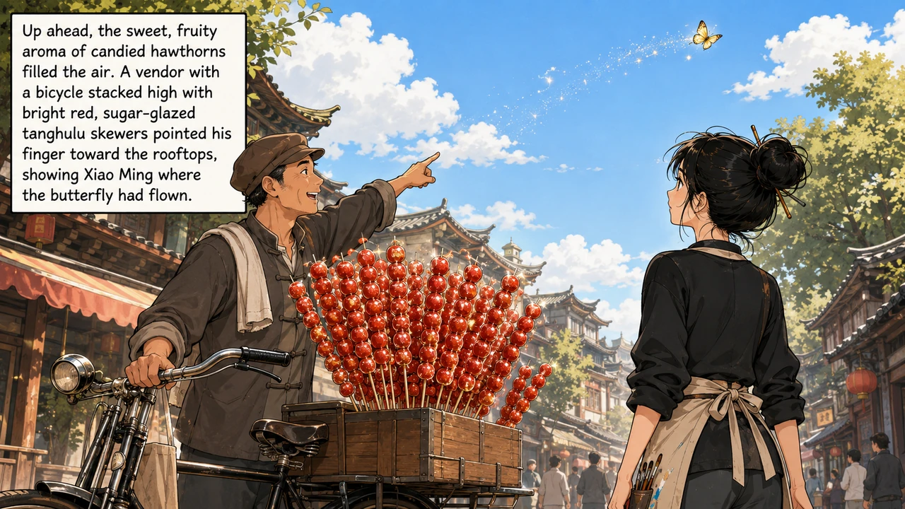 Up ahead, the sweet, fruity aroma of candied hawthorns filled the air. A vendor with a bicycle stacked high with bright red, sugar-glazed tanghulu ske