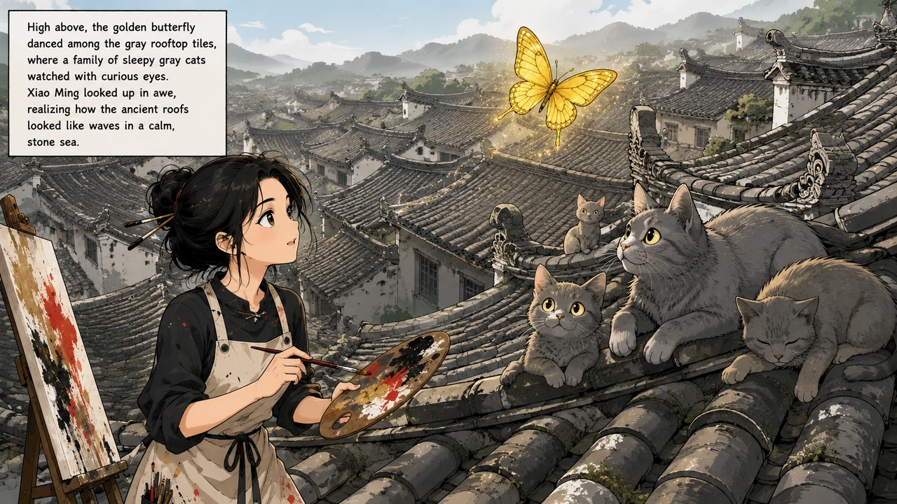 High above, the golden butterfly danced among the gray rooftop tiles, where a family of sleepy gray cats watched with curious eyes. Xiao Ming looked u