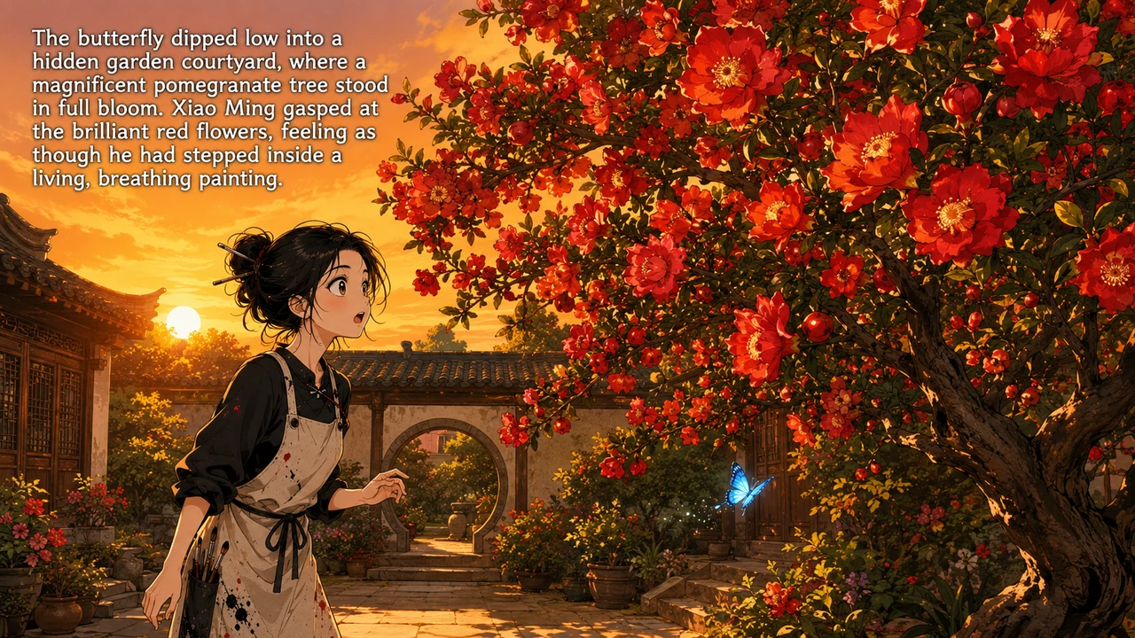 The butterfly dipped low into a hidden garden courtyard, where a magnificent pomegranate tree stood in full bloom. Xiao Ming gasped at the brilliant r