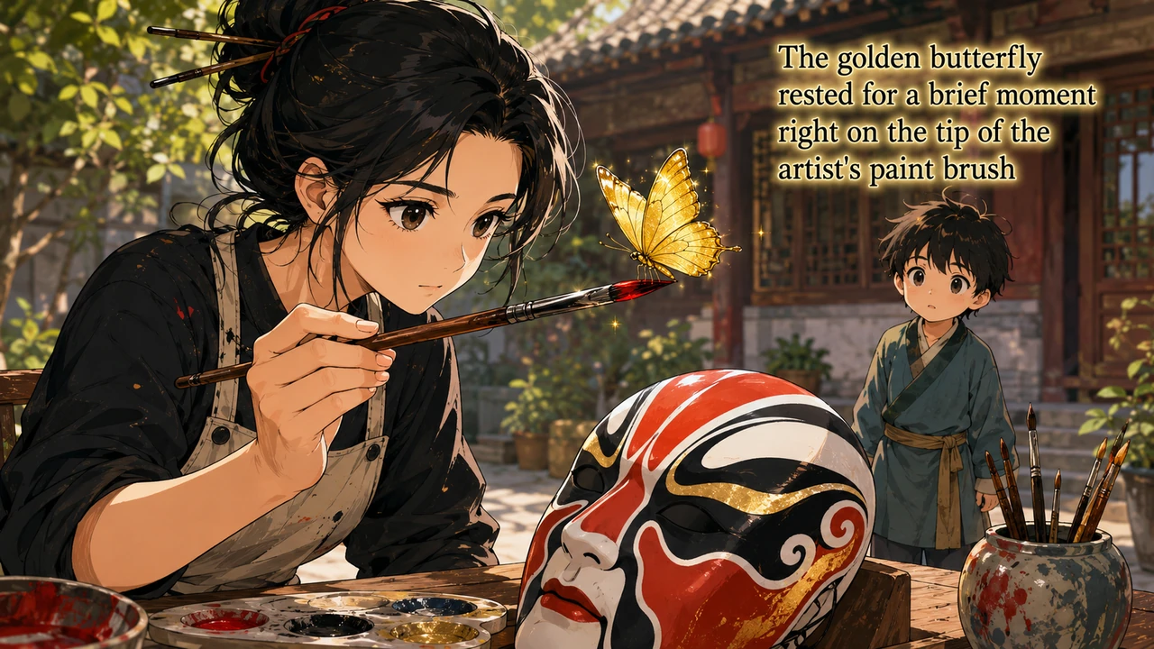 In the center of the courtyard, an artist was carefully painting a traditional Peking Opera mask with vibrant strokes of red, black, and gold. The gol