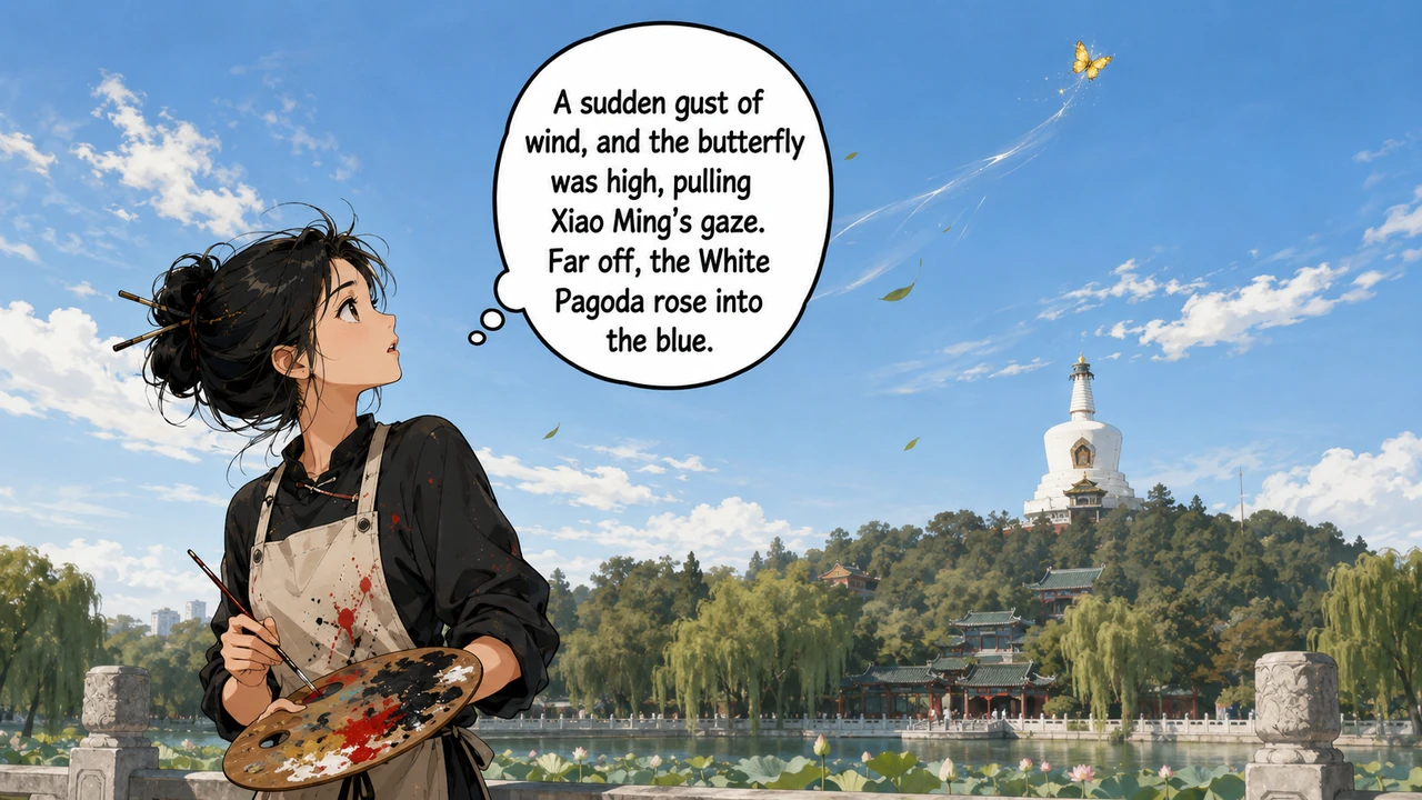 With a sudden gust of wind, the butterfly soared high into the sky, pulling Xiao Ming's gaze up toward the horizon. In the distance, the majestic Whit