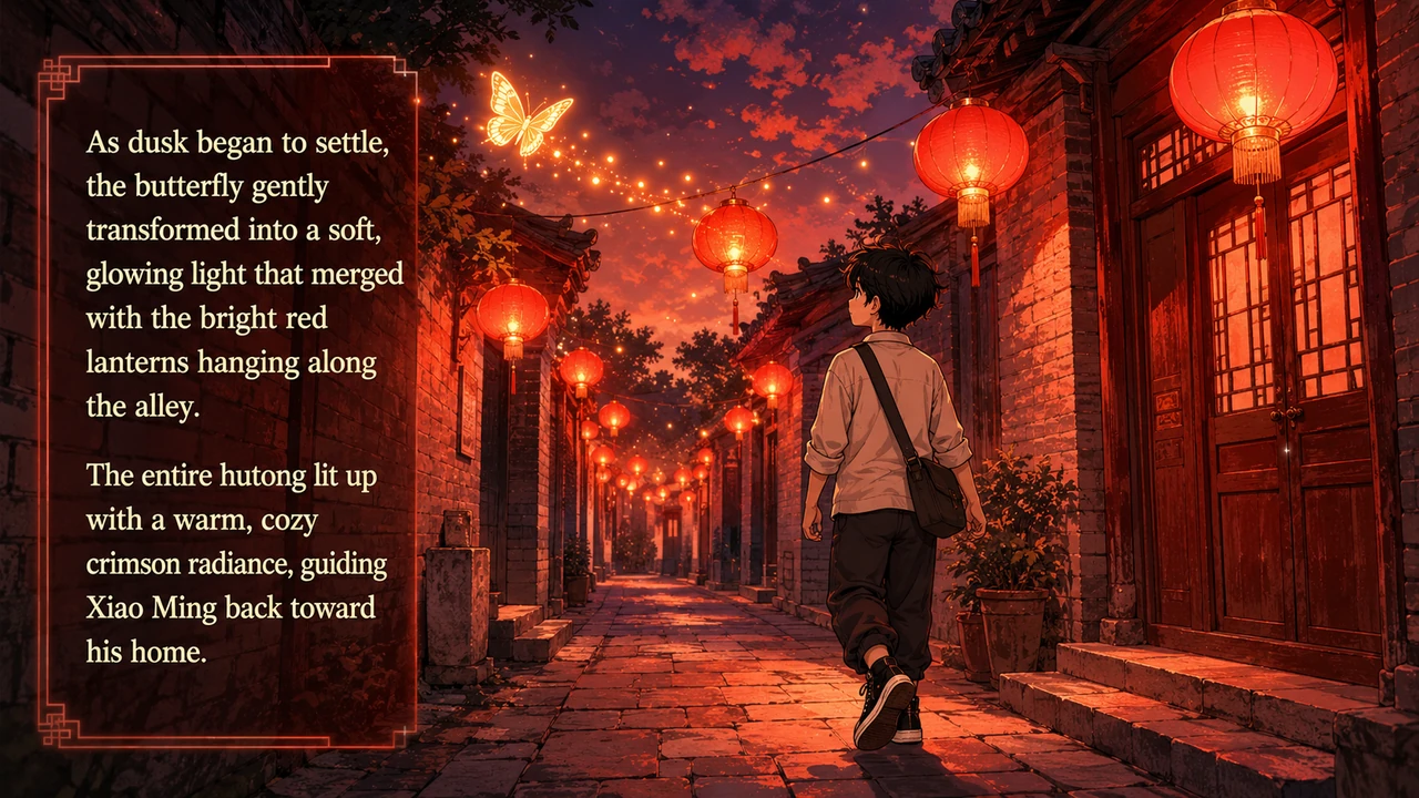 As dusk began to settle, the butterfly gently transformed into a soft, glowing light that merged with the bright red lanterns hanging along the alley.