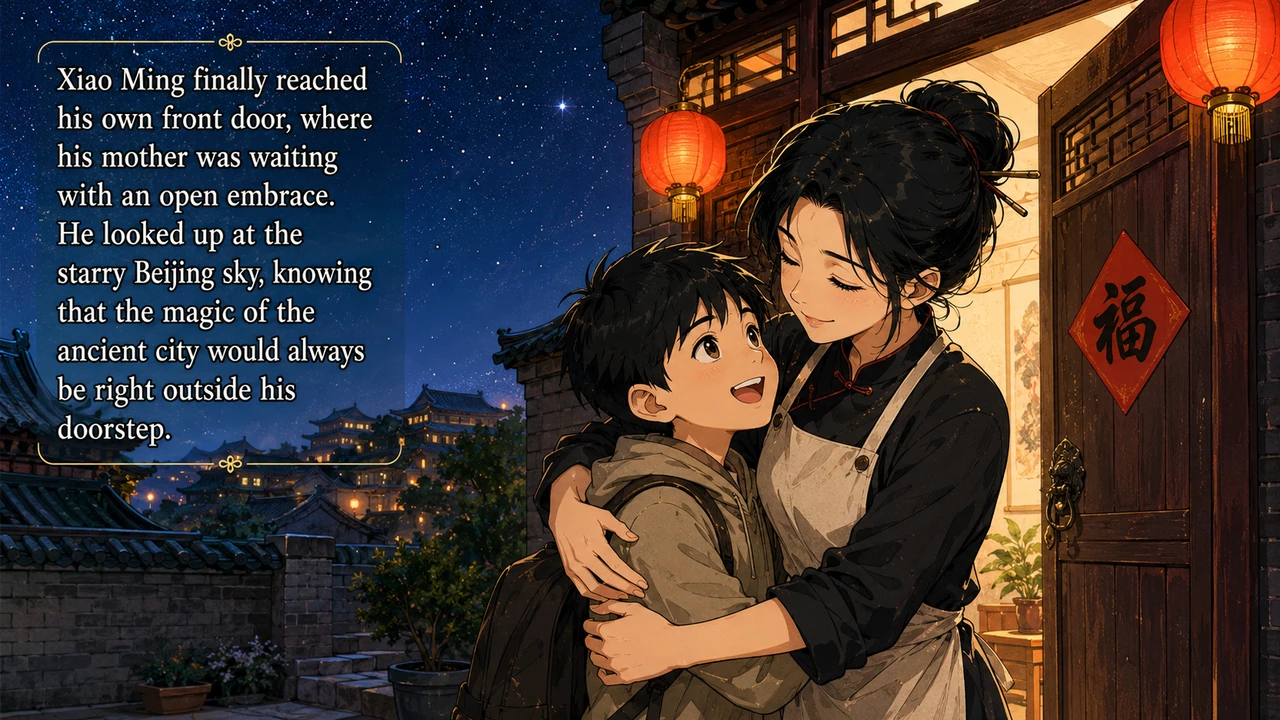 Xiao Ming finally reached his own front door, where his mother was waiting with an open embrace. He looked up at the starry Beijing sky, knowing that