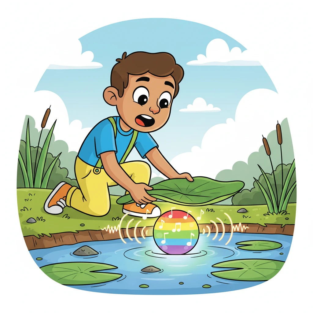 Following a faint, melodious hum, Pip discovered a glowing, rainbow-colored orb hidden beneath a giant lily pad. It pulsed with five vibrant colors, each humming a unique tune. This was the magical Vowel Orb!