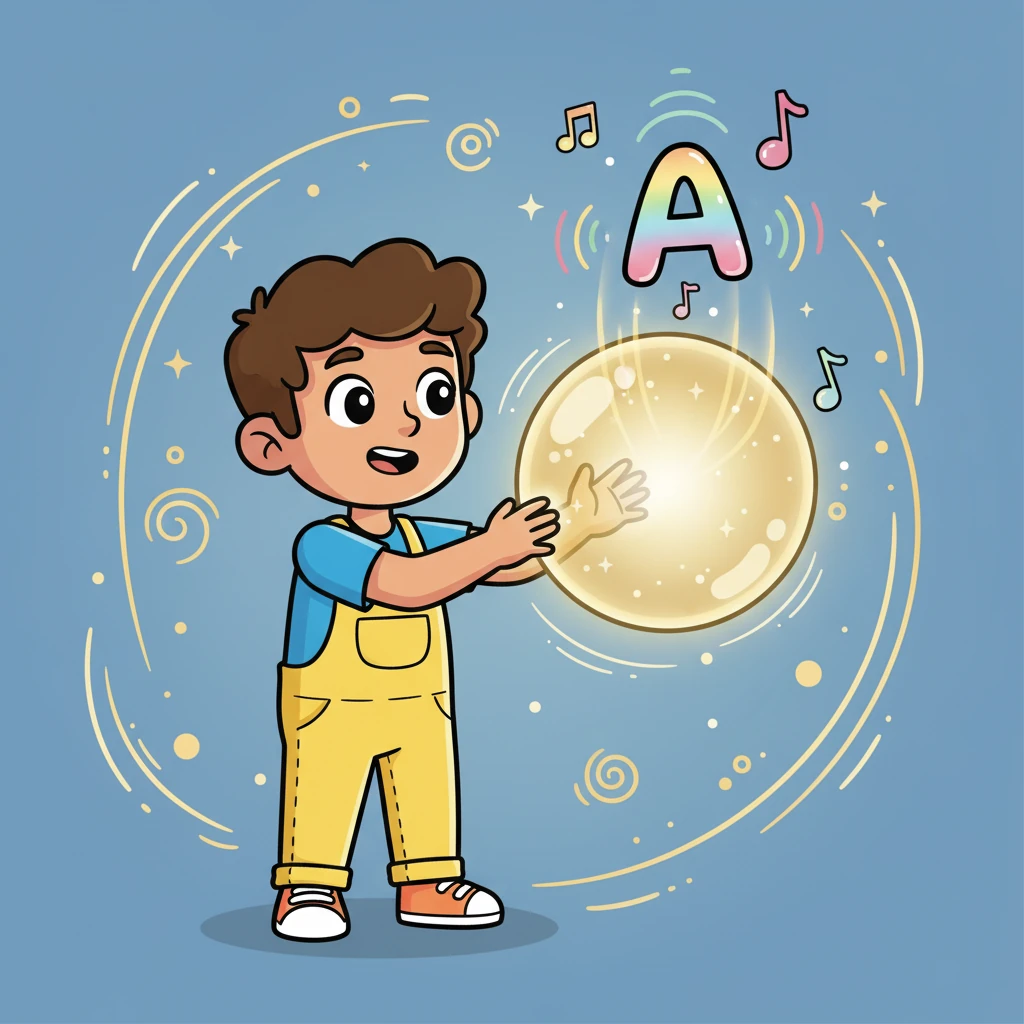 Carefully, Pip reached out and touched the orb. A bright, round 'A' floated out, singing a joyful 'Ahhh!' The silent air instantly filled with a warm, golden glow and the sweet sound of a beginning.