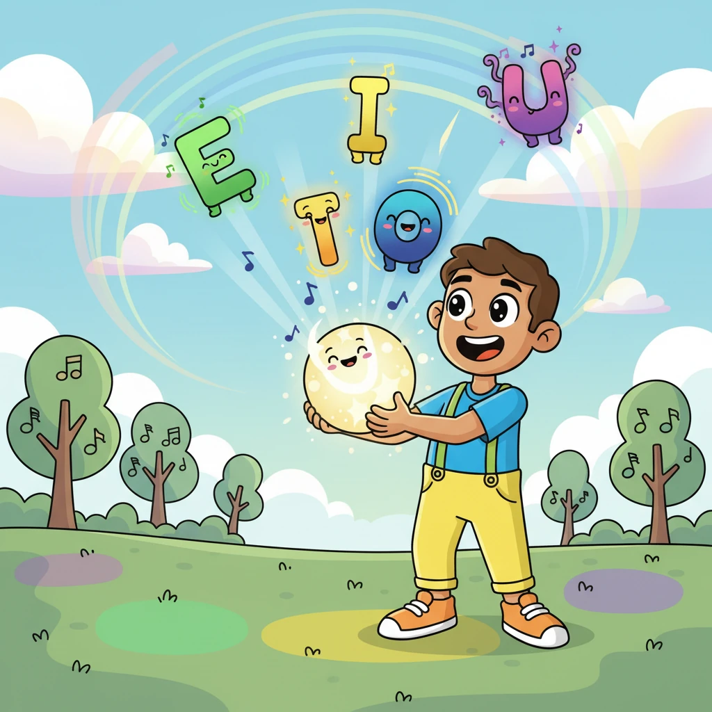 Excitedly, Pip released 'E', 'I', 'O', and 'U' from the orb. Each vowel burst forth with its own cheerful song and color, painting the world with vibrant sounds. The once-quiet landscape now hummed with delightful melodies.