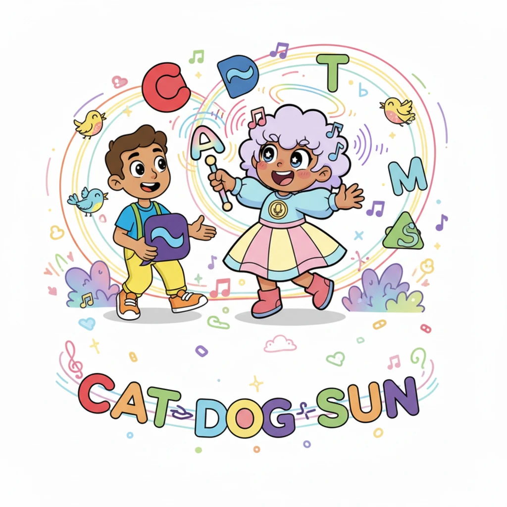 Pip excitedly brought more consonants like 'C', 'D', 'M', and 'S' to meet the cheerful vowels. Together, they danced and linked, forming wonderful words like 'cat', 'dog', and 'sun'. The world burst into lively chatter and song.