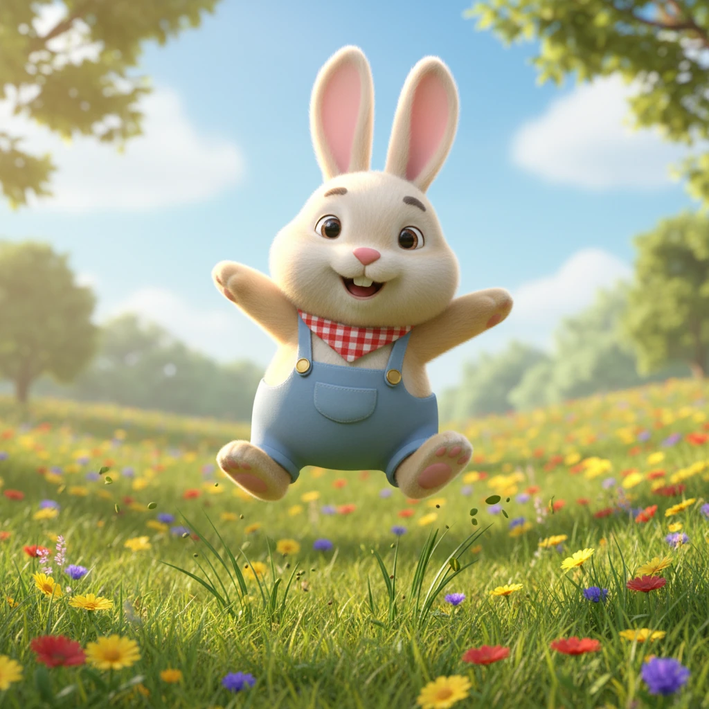 Barnaby, a fluffy rabbit with gleaming white fur, bounced joyfully through a sun-dappled meadow. His long ears twitched with excitement, and a mischievous grin played on his face as he practiced his incredible leaps. He was known for his speed and loved to show off his swift movements to anyone who would watch.