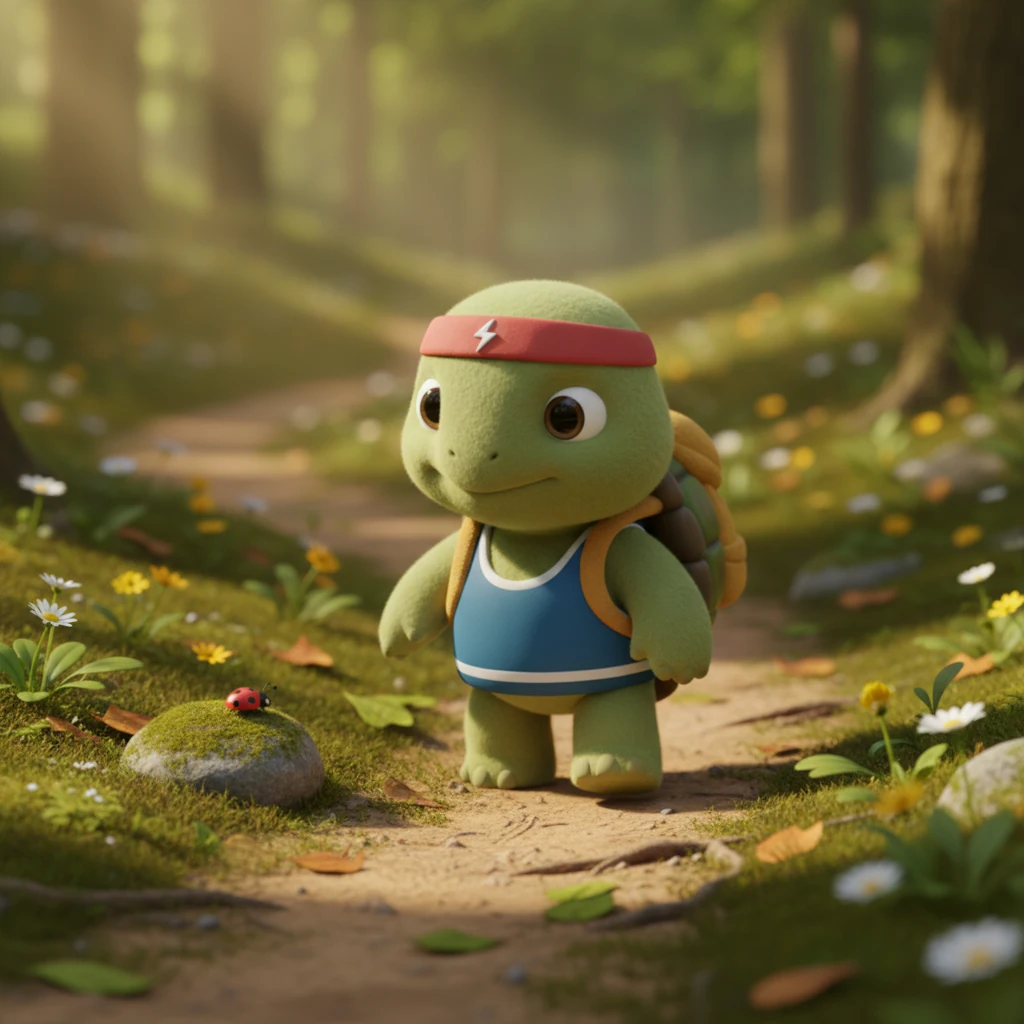 Meanwhile, Timothy the turtle, with his sturdy, moss-green shell, ambled along a winding dirt path. His wise eyes observed the world around him with quiet contentment, moving one careful step at a time. He never rushed, preferring to take in every detail of the forest floor.