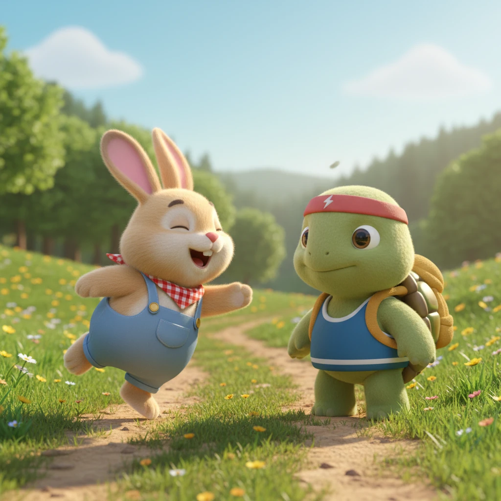 One bright morning, Barnaby spotted Timothy and couldn't resist a playful challenge. "Slowpoke Timothy," he chuckled, his voice echoing with mirth, "why don't we have a race? I bet I could beat you even if I hopped backward!" Timothy, unfazed, simply nodded his head slowly.