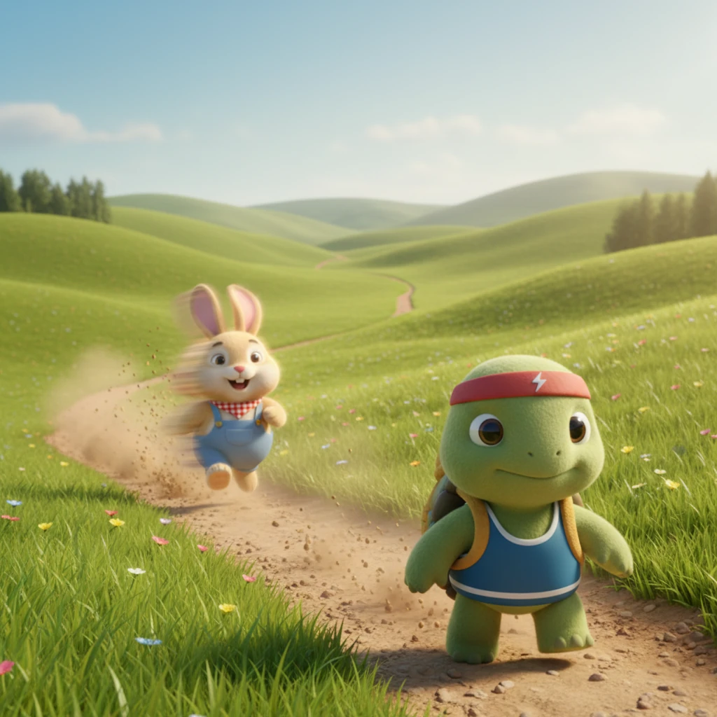 The race began! Barnaby shot off like a blur, kicking up dust as he vanished over the first hill. Timothy, with unwavering determination, started his steady journey, his short legs propelling him forward at his customary gentle pace. The distance between them grew vast almost instantly.