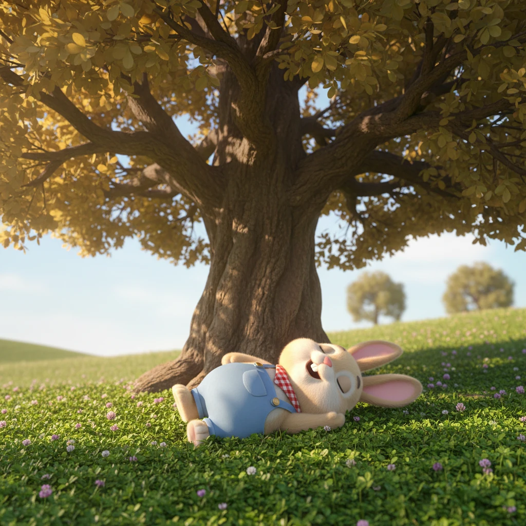 Feeling supremely confident, Barnaby decided a short nap was in order. He found a cozy patch of clover under the shade of a grand oak tree, stretching out contentedly. The warm sun and gentle breeze lulled him into a deep slumber, dreaming of victory.