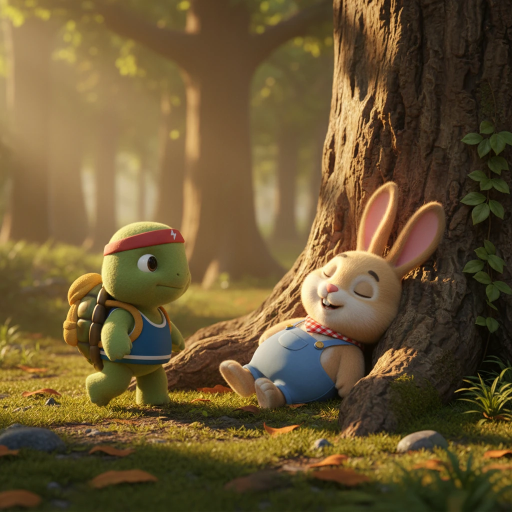 Time passed, and Timothy continued his unhurried progress, step by painstaking step. He eventually reached the towering oak tree, his eyes briefly glancing at the soundly sleeping Barnaby. Without a pause or a change in his rhythm, Timothy steadily moved past the dozing rabbit.