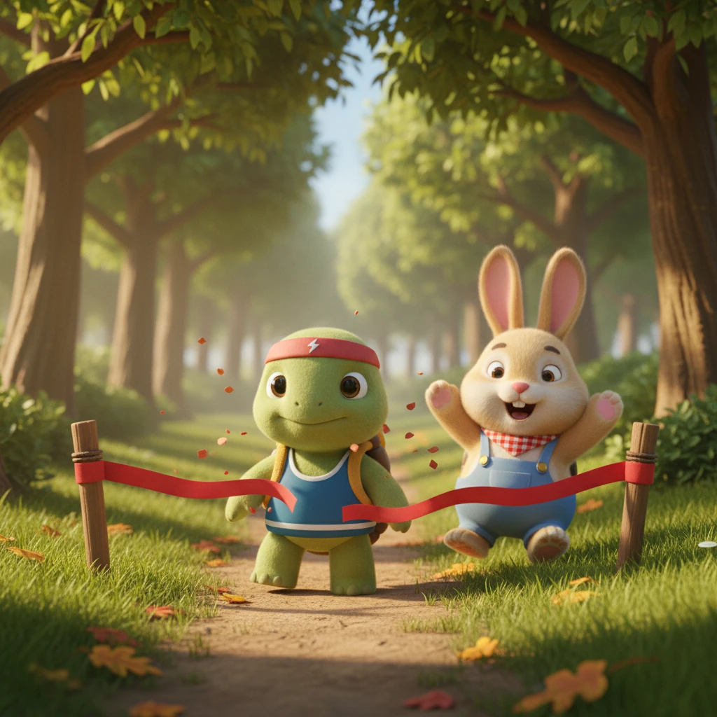 But it was too late. Just as Barnaby burst into the clearing, Timothy, with a final, deliberate step, broke through the red ribbon. The little turtle had won, his quiet perseverance proving triumphant, while a breathless Barnaby could only watch from a short distance away.