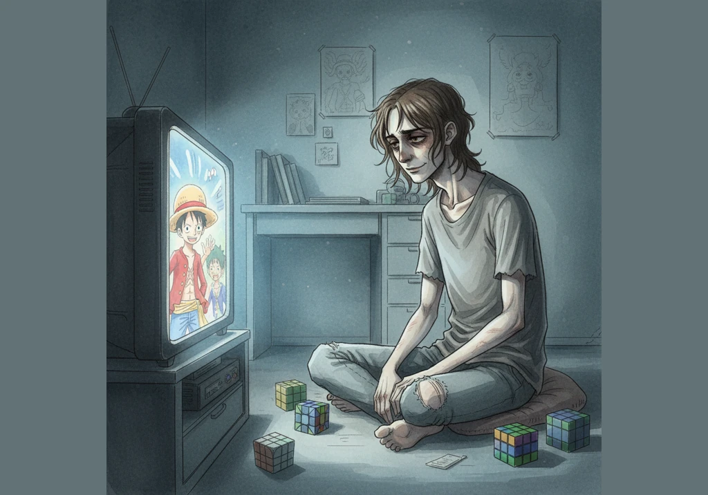 Late at night, the glow of the television illuminates his face as he watches One Piece, drawing inspiration from the characters' unwavering resolve. H