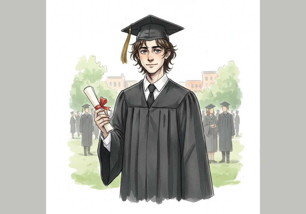 Graduation day arrives, and Isaac stands proudly in his cap and gown, clutching his favorite magnetic cube instead of his diploma. He has a clear plan