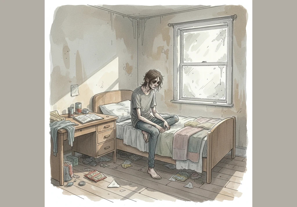 The vibrant posters of his anime heroes start to peel from the walls, reflecting the neglect of his own ambitions and physical health. He misses regis