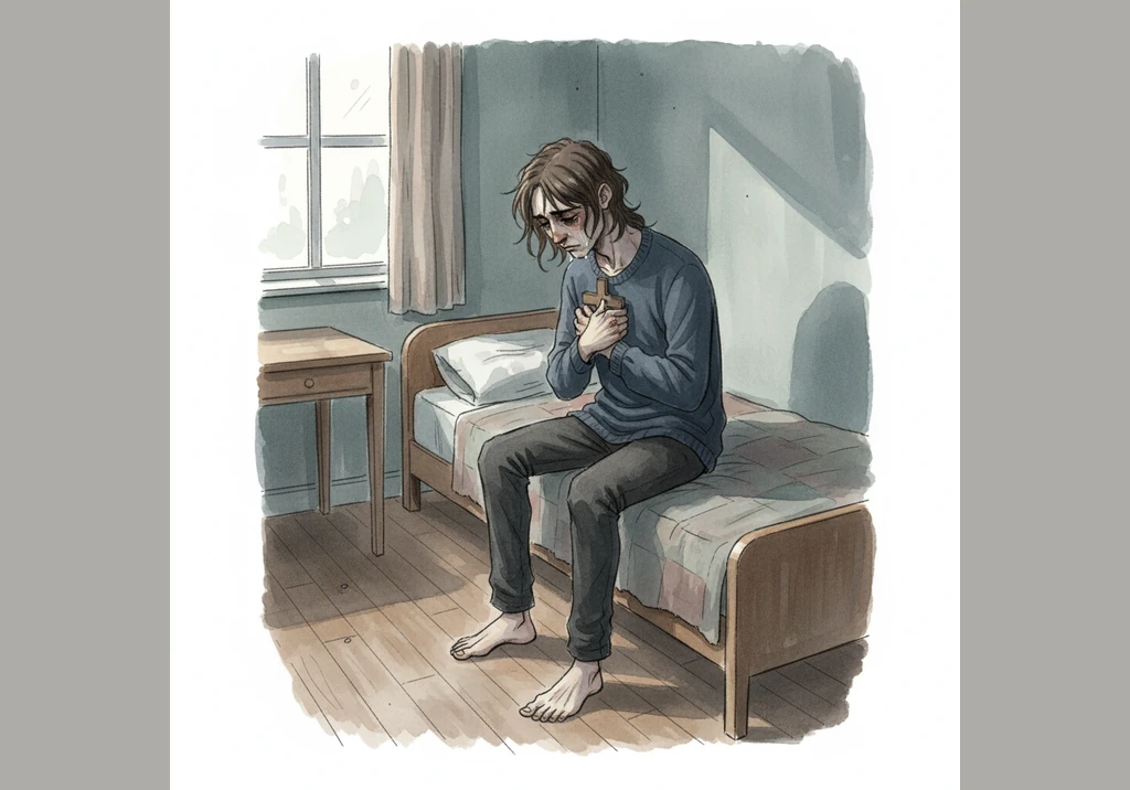 Isaac sits alone in the dim light of his room, surrounded by the remnants of a life he is no longer leading. The sharp, rhythmic clicking of the cube