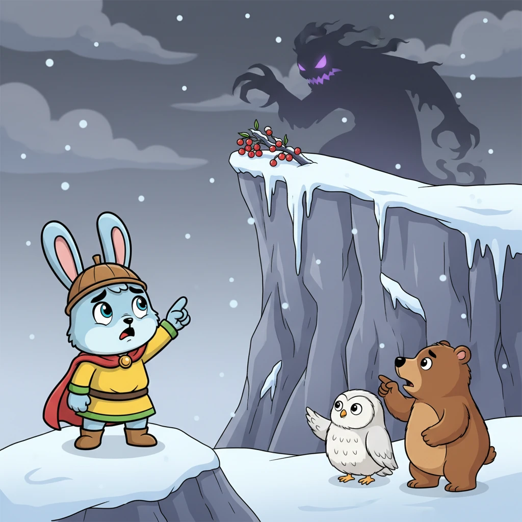 Namun, musim dingin tiba dan membawa kekhawatiran baru bagi semua hewan. Buah beri musim dingin yang manis, sumber makanan penting mereka, tumbuh di puncak tebing tinggi. Para penduduk desa berbisik tentang bayangan menakutkan yang menjaga buah beri itu.
