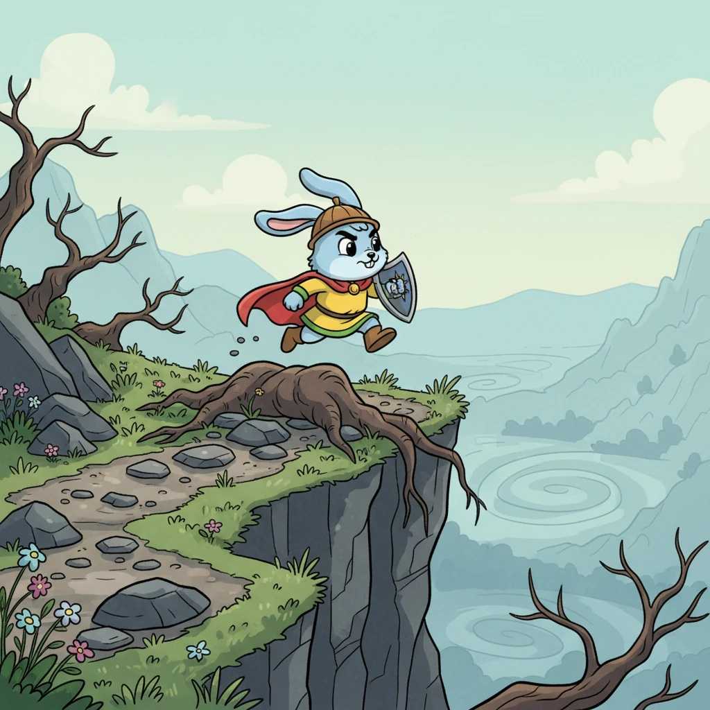 Dengan tekad bulat, Kiki memulai perjalanannya menyusuri jalan setapak yang curam dan berbatu menuju tebing. Ia melompat melewati akar pohon yang melintang dan melipir di tepi jurang, setiap langkahnya penuh kehati-hatian. Angin dingin menerpa telinganya.