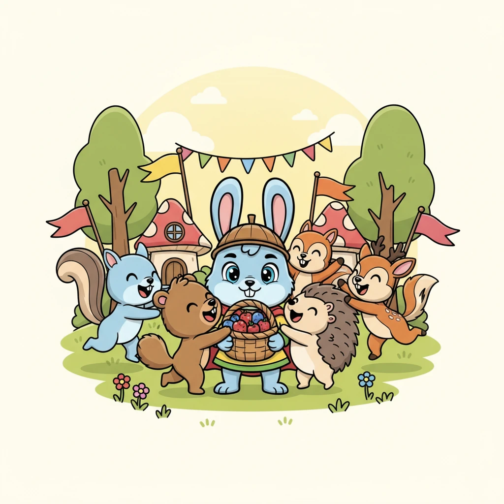 Ketika Kiki muncul di desa dengan keranjang penuh buah beri, sorak sorai riang segera memenuhi udara. Semua hewan berlari menyambutnya, memeluk Kiki dan bersorak memuji keberaniannya. Mereka semua sangat bangga pada kelinci kecil itu.