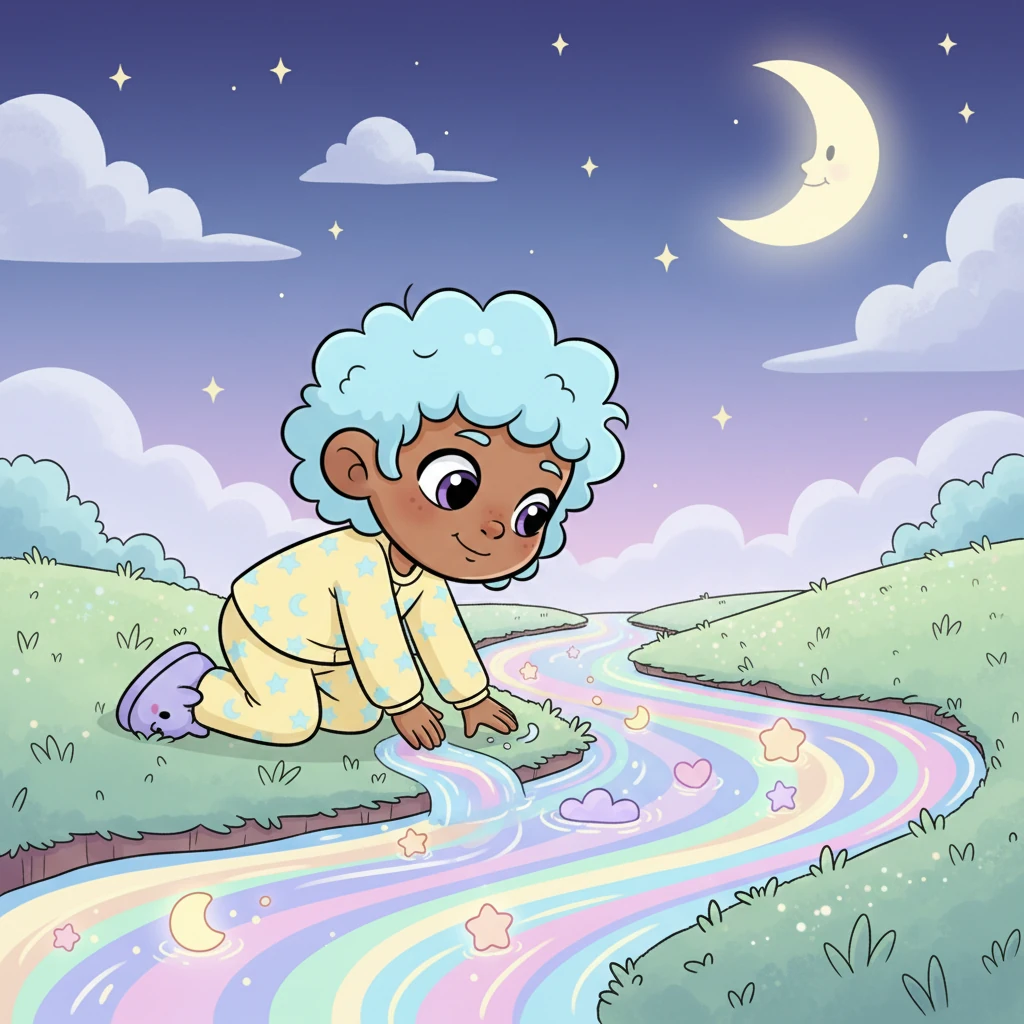 In a hushed world, beneath a sky that whispered lullabies, a truly extraordinary river flowed. It was unlike any river you've ever seen, for it did not carry water, but something far more magical and soft. This was the River of Colors, a gentle stream of pure imagination.