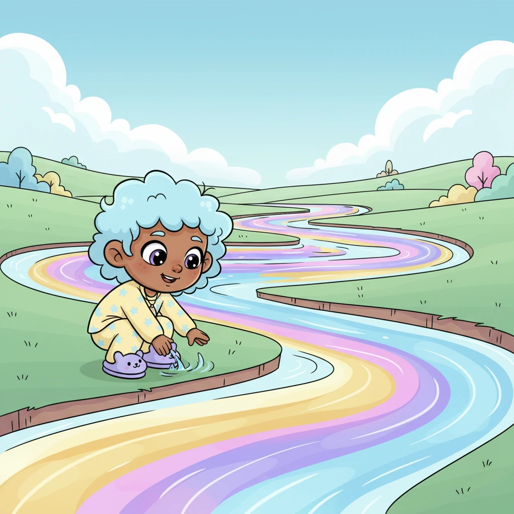 Slow rivers of brilliant gold, serene blue, playful pink, and calming purple moved gracefully through the land. They drifted like sleepy ribbons, never rushing, always calm and smooth. The colors swirled and mingled, painting the quiet landscape with their gentle hues.