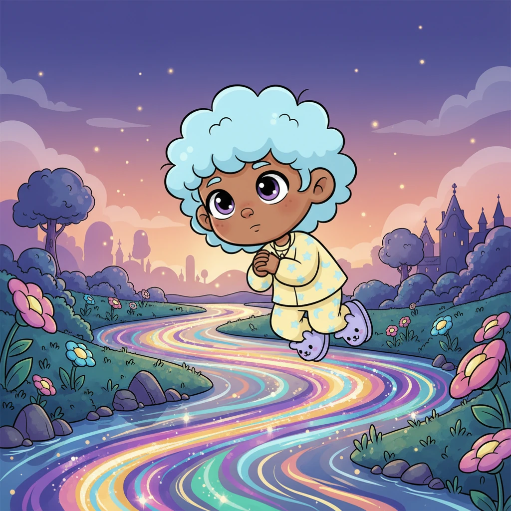 One special evening, a small, fluffy cloud named Lumi floated lazily above the shimmering river. Her eyes, bright with curiosity, watched the vibrant currents. "Where do these beautiful colors go," Lumi wondered aloud, "when everyone finally falls asleep?"