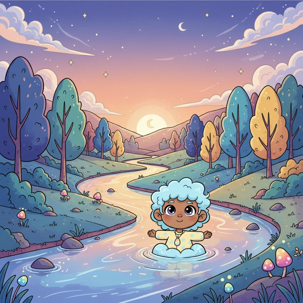 Determined to find an answer, Lumi gently began to follow the river's winding path. She drifted slowly, her tiny cloud body dipping and swaying with the flow. The river guided her deeper into the twilight, a silent, colorful adventure unfolding.