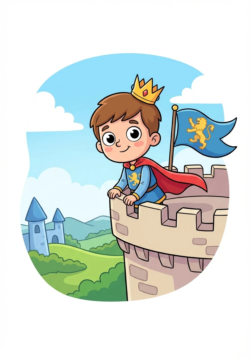 King Alaric stood on the ramparts of Azure Castle, a kingdom known for its azure banners and sprawling green lands. He was a young, just ruler, known for his wisdom and kindness. His personal banner, a golden lion rampant on an azure field, fluttered in the wind.