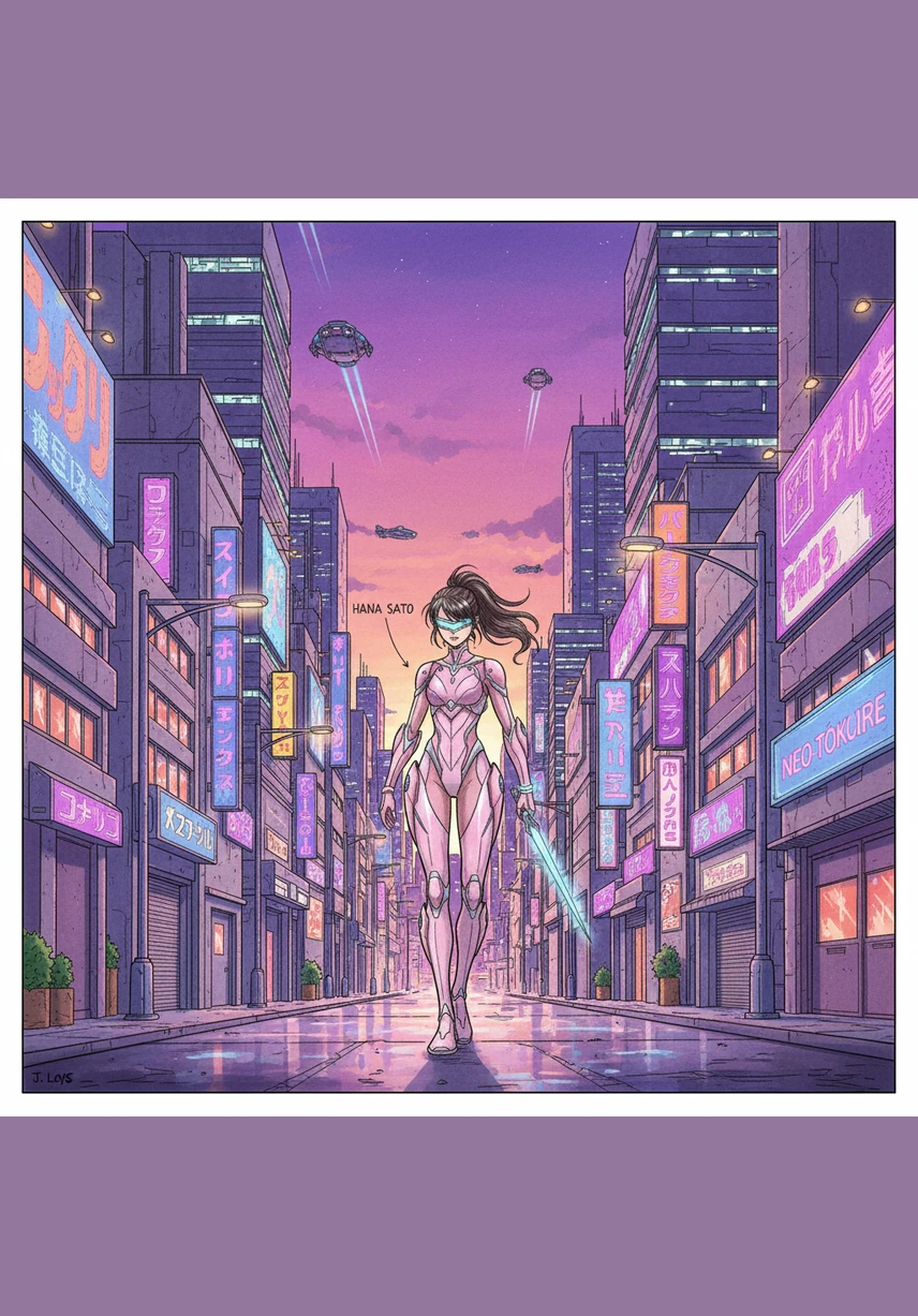 Hana Sato walks through the neon-lit streets of Neo-Tokyo, her school bag slung over her shoulder and a small metallic bracelet glowing on her wrist. The sky is a beautiful hue of violet and orange, but a strange static begins to crackle in the air, making the streetlights flicker.