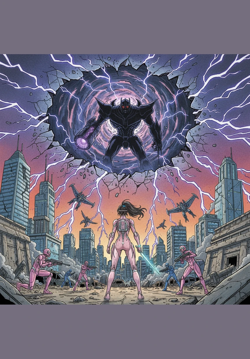 Suddenly, the sky tears open like parchment, revealing a swirling vortex of dark energy and jagged lightning. Massive, angular shadows begin to descend from the clouds, casting a terrifying gloom over the screaming city as the ground begins to tremble.