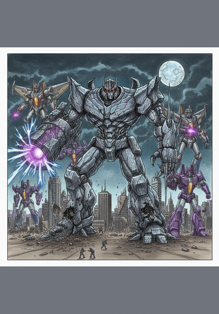 Megatron and his Decepticon forces land with a bone-shaking thud, their purple insignias gleaming against their cold, grey metallic bodies. They tower over the skyscrapers, looking down at the organic world with nothing but cold, mechanical contempt and preparing their weapons.