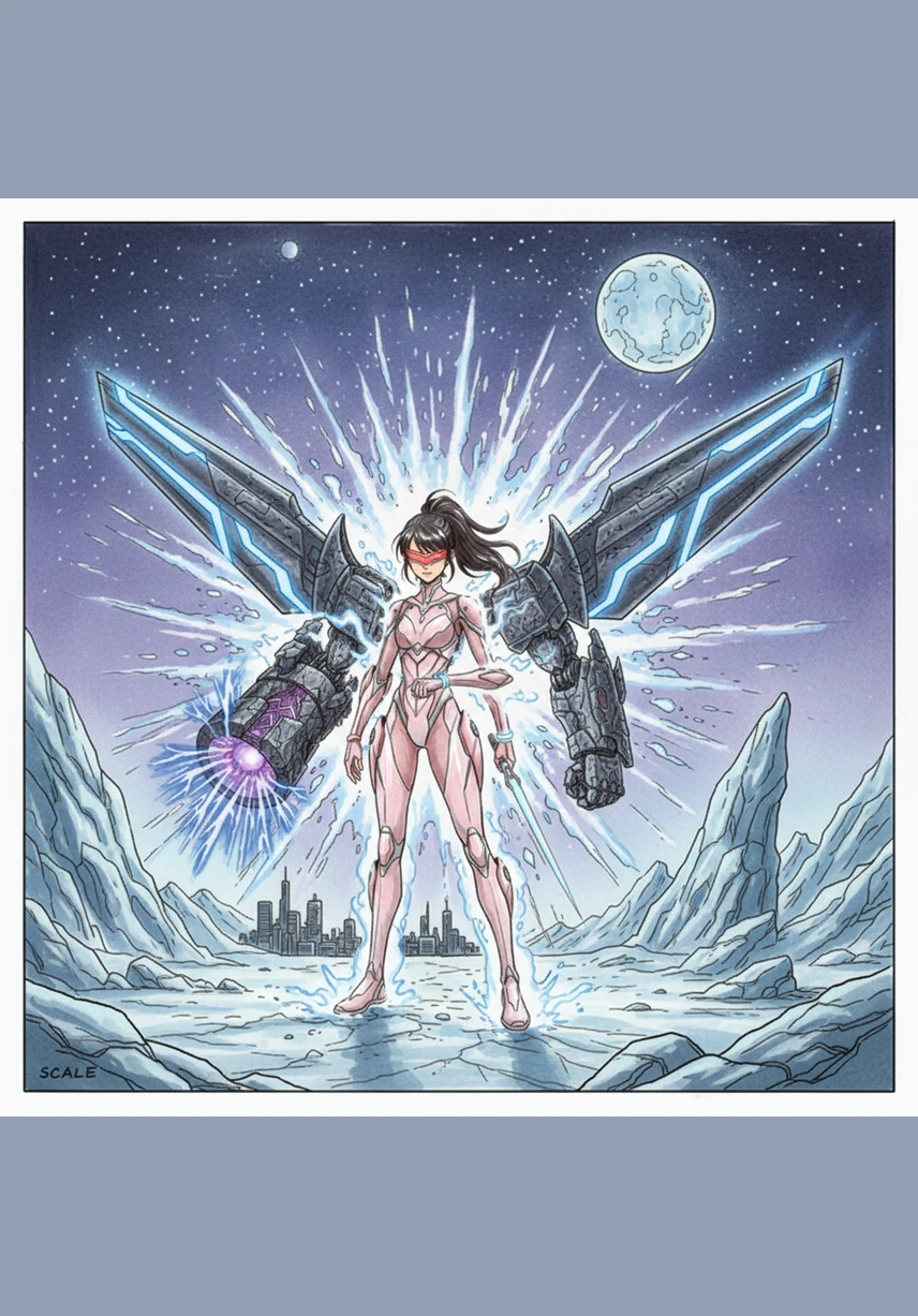 Hana taps her bracelet, and shimmering plates of pink and white carbon-fiber wrap around her body in a flash of light. She stands tall in her sleek Petal-Suit, her visor flickering to life as her teammates join her side, ready to defend their home against the giants.