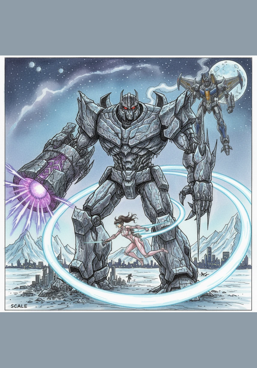 The tiny defenders look like hummingbirds compared to the mountain-sized Decepticons, but they move with incredible speed and grace. Hana ignites her thrusters, leaving a trail of light as she zips between Megatron’s massive legs to distract him from the fleeing civilians.