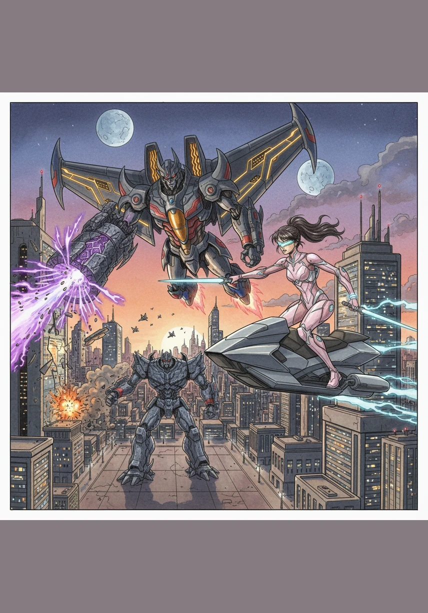 Starscream shrieks in his metallic voice, transforming into a sleek jet and raining fire down upon the streets below. Hana’s squad quickly deploys energy shields, forming a glowing barrier that reflects the Decepticon’s lasers back into the sky in a shower of sparks.