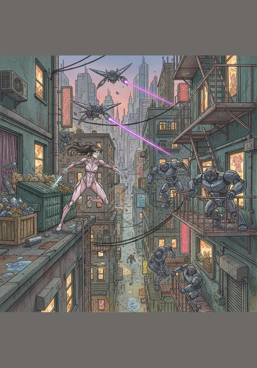 Soundwave ejects his cassettes, sending Laserbeak and Ravage to hunt the girls through the narrow alleyways of the city. Hana engages in a high-speed chase, her suit’s agility allowing her to navigate the tight turns and obstacles that the mechanical beasts cannot follow.