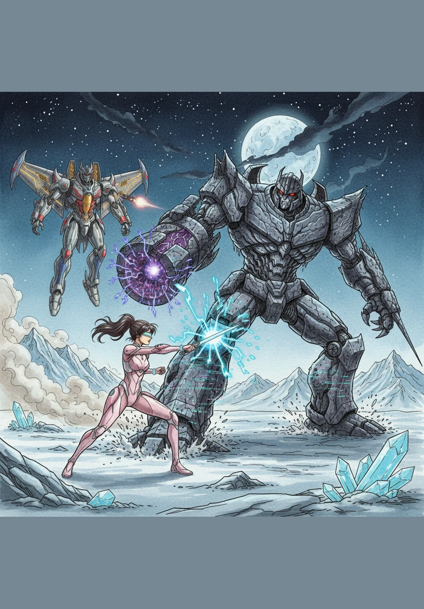 Recognizing the giants are too durable for standard attacks, Hana focuses her suit's energy into a concentrated high-frequency blade. She strikes at the glowing energon joints of Megatron’s knee, causing the massive leader to stumble and roar in mechanical fury as his systems glitch.