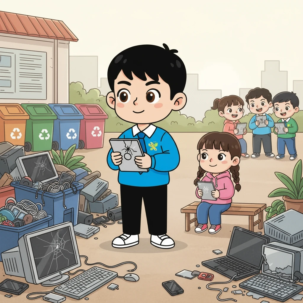 小光在社区的电子垃圾回收站做义工，这里堆满了废旧的电脑、手机和平板。他拿起一台屏幕碎裂但外壳完好的平板，眼神中充满了好奇和思索。不远处，小雅羡慕地看着其他孩子用平板学习，这让小光的心里泛起一丝涟漪。