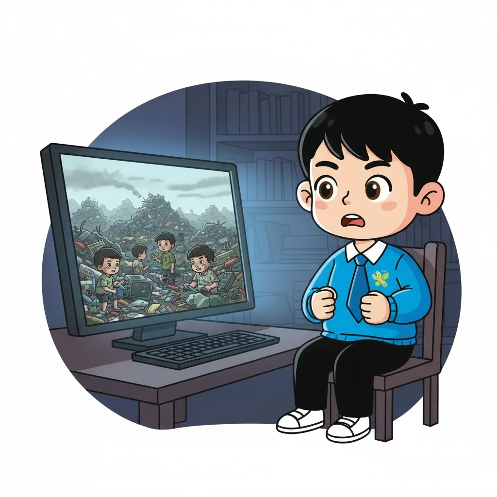在电脑前，小光看到了一个关于电子垃圾污染的纪录片。画面上，堆积如山的电子垃圾触目惊心，贫困地区的孩子们在充满污染的环境中生活。小光的表情从好奇转为震惊，他握紧了拳头，心中暗暗发誓要改变这一切。