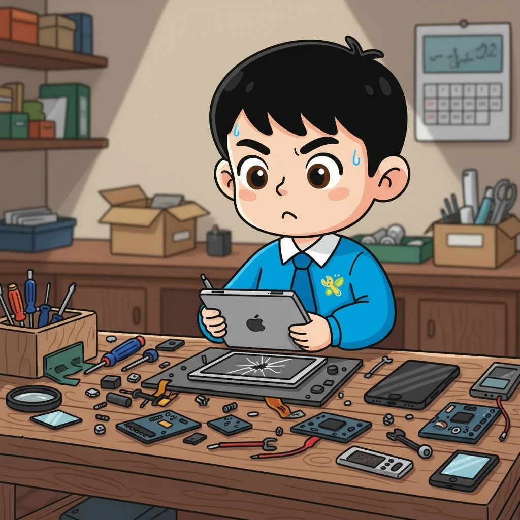 小光开始了他的修复之旅。在简陋的工作台上，摆满了各种工具和拆开的电子设备零件。他小心翼翼地更换平板的屏幕，额头上渗出了细密的汗珠，但眼神却异常专注。旁边，第一台成功修复的手机静静地躺着，仿佛在为他加油鼓劲。