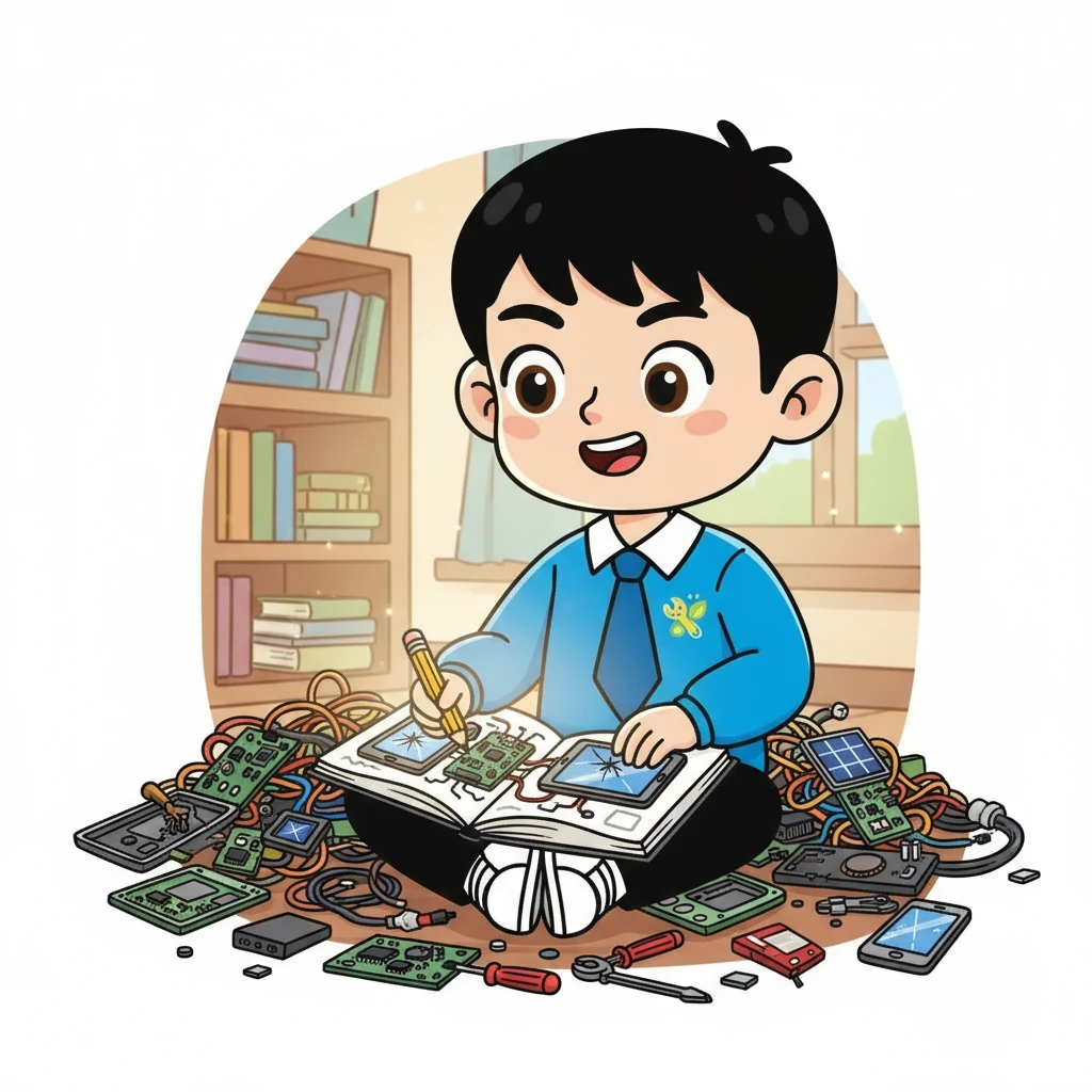 单一的修复并不能完全解决问题。小光灵光一闪，将不同设备的零件进行组合，创造出全新的可能。他画出了设计草图：旧手机主板、平板屏幕和太阳能板，组合成一个便携的学习机。创意的火花，点燃了他对未来的憧憬。