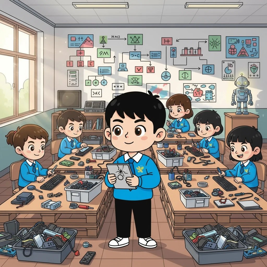 小光和同学们在空教室里建立了“重生工坊”，墙上贴满了标语和设计图。大家分工合作，有的检测，有的清洁，有的组装，热闹而有序。他们齐心协力，让更多废旧设备重获新生，焕发出新的光彩。