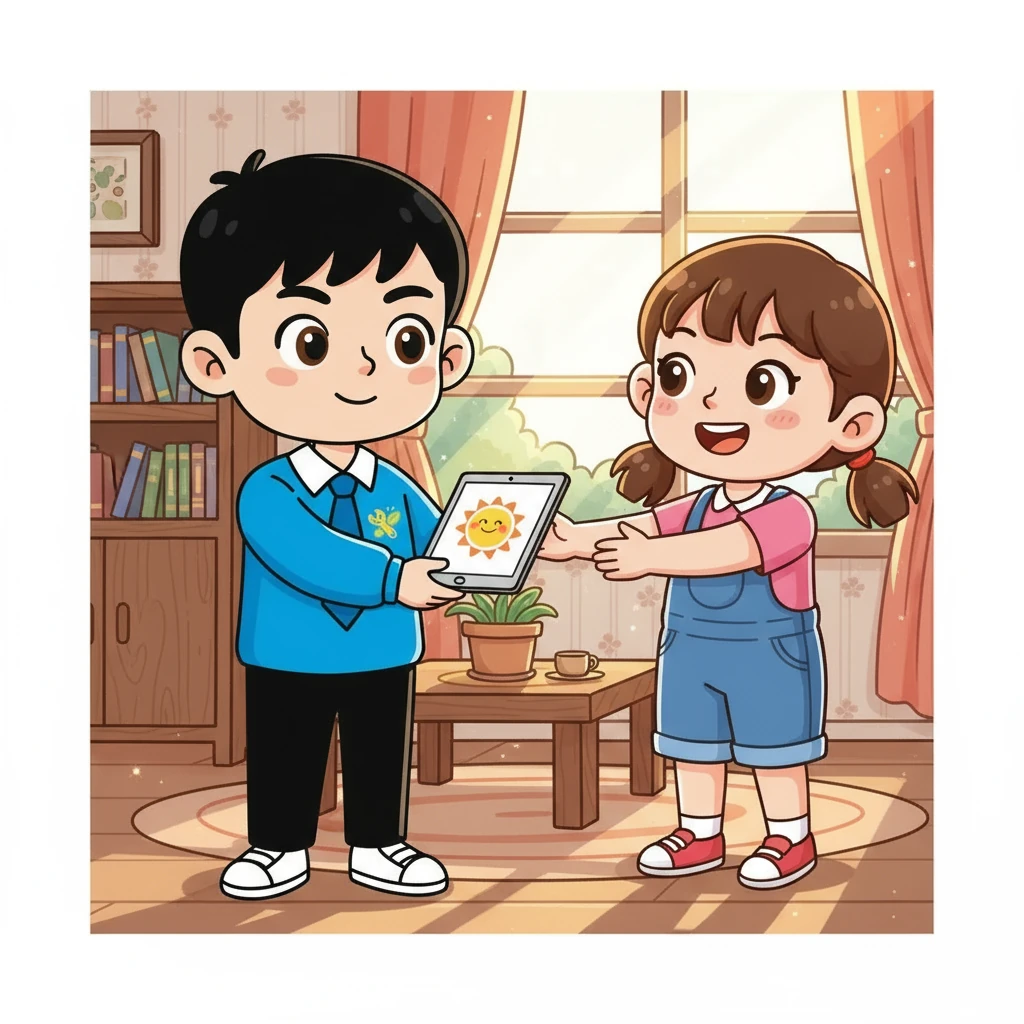 小光将第一台改造好的学习平板送给了邻居小雅。小雅惊喜地接过设备，开心地开始使用学习软件。窗外阳光洒进来，照亮了两个孩子开心的笑容。那一刻，小光知道，一切都值得。