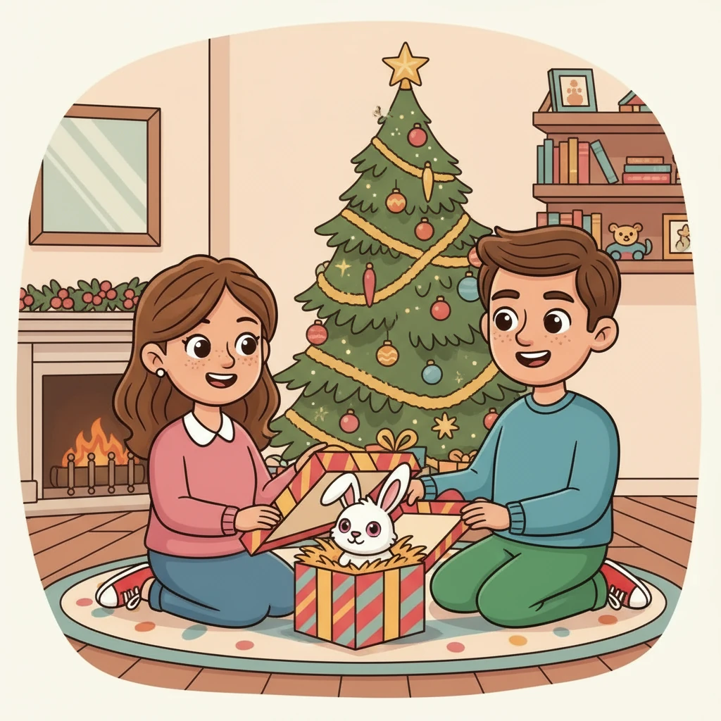 Barnaby's eyes widened as he unwrapped the present. Inside, nestled in soft hay, was a tiny, fluffy rabbit with long ears and a twitching nose. His parents smiled, "Meet Button!" Barnaby was overjoyed.