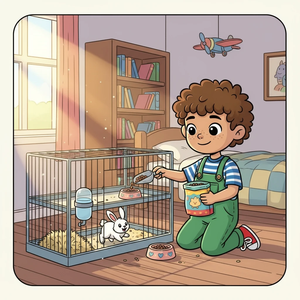 The next morning, Barnaby carefully measured out Button's food pellets. He learned that Button needed fresh water every day, and a clean cage. Button hopped around excitedly as Barnaby prepared his breakfast.