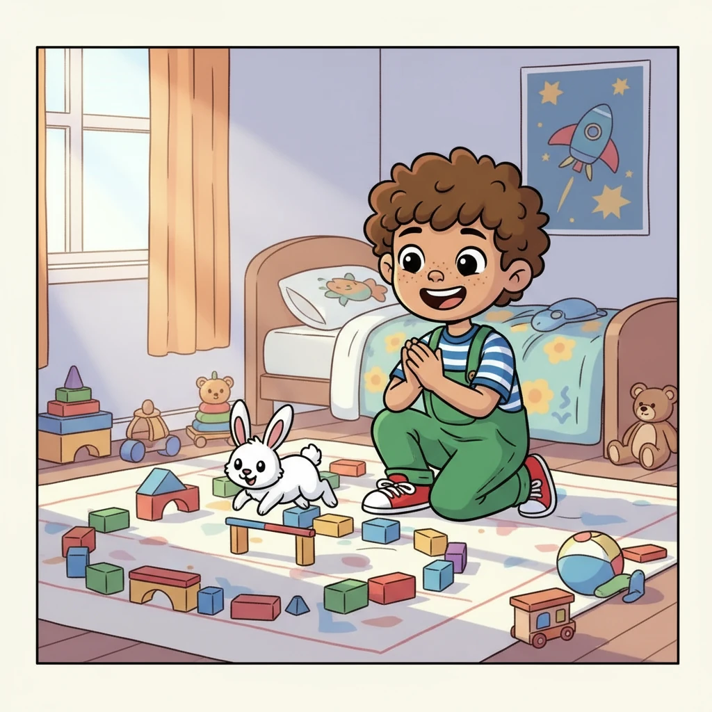 Barnaby discovered Button loved to play! He made a small obstacle course out of blocks, and Button would hop over them with surprising speed. Barnaby giggled as Button zoomed around his room.